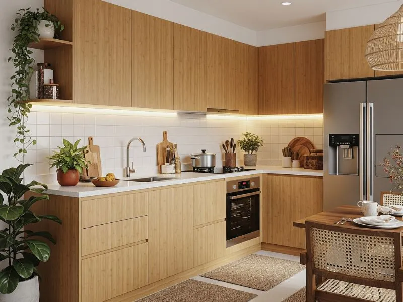 Eco-friendly modular kitchen 2025 with bamboo cabinets and energy-efficient appliances.