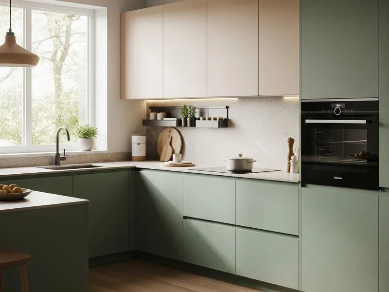 Minimalist earthy tone modular kitchen 2025 with pastel green cabinets and natural stone countertop.