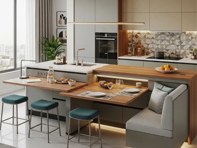 Multi-functional modular kitchen island 2025 with dining and workspace features.