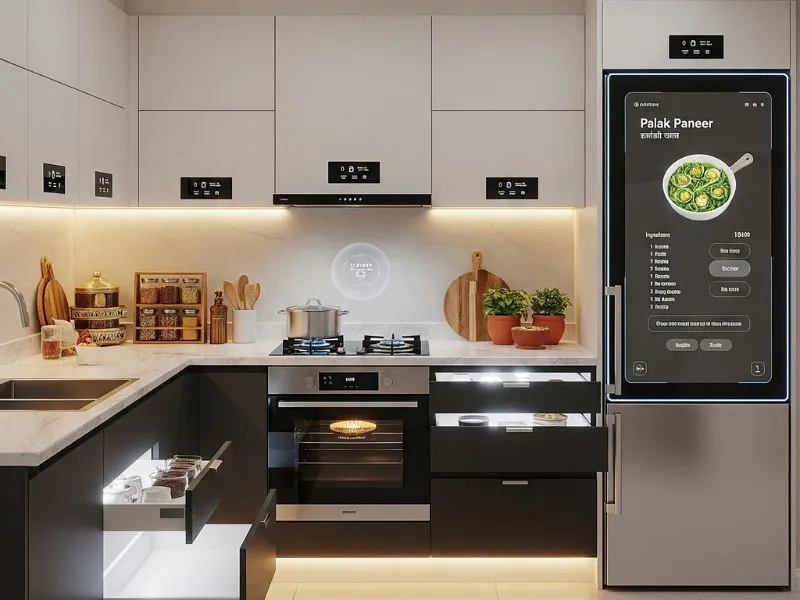Smart modular kitchen 2025 with IoT appliances and voice-controlled chimney.