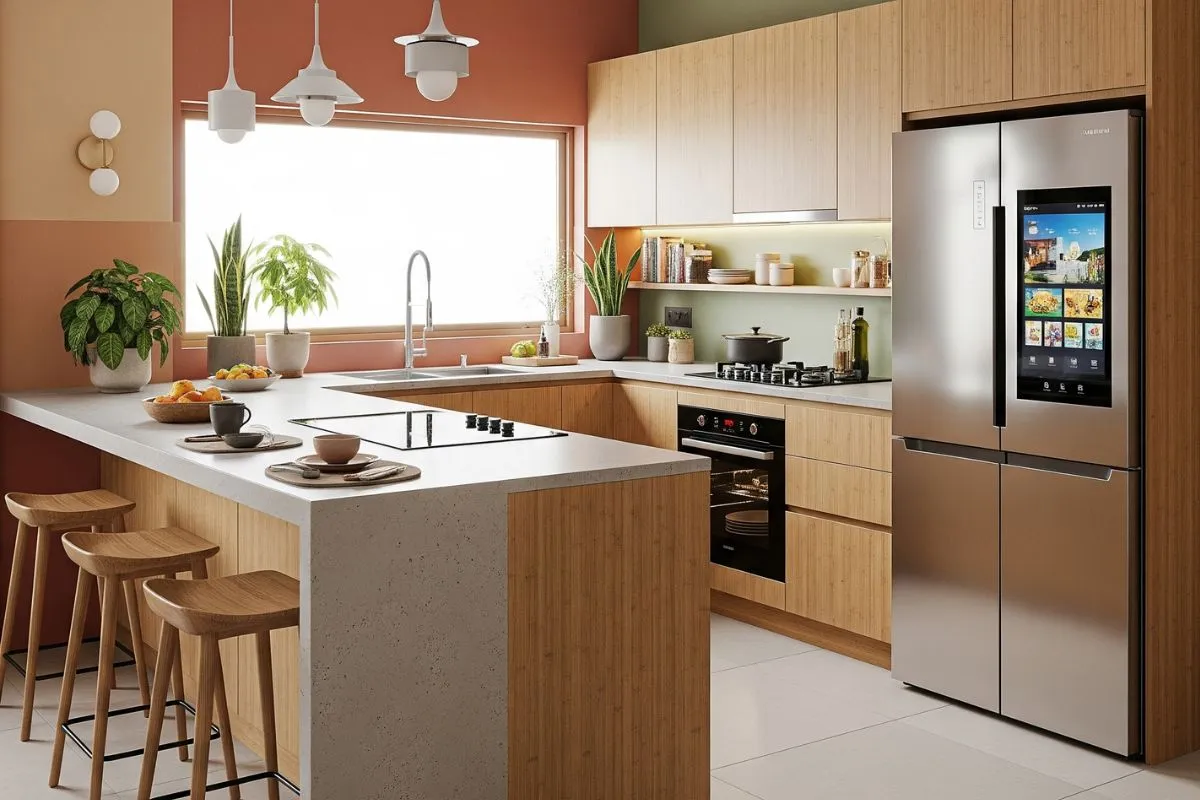 Top Modular Kitchen Trends 2025 - Arcarea 3 Top 5 modular kitchen trends 2025 – modern smart eco-friendly kitchen with pastel tones and multi-functional island.