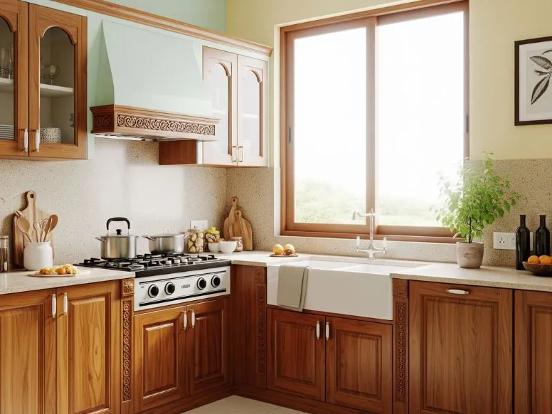 Vastu aligned modular kitchen 2025 with southeast stove and north sink.