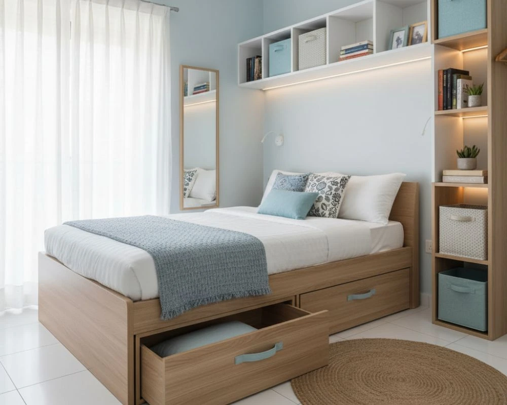 Budget-Friendly Interior Makeovers: Transform Your Home Without Overspending 2 Indian bedroom with budget-friendly wardrobe and storage makeover, modular shelves, and pastel wall colors.