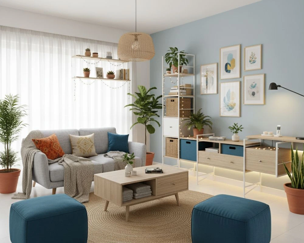 Budget-Friendly Interior Makeovers: Transform Your Home Without Overspending 4 Complete budget-friendly home makeover in an Indian interior with smart storage, bright lighting, and stylish furniture.