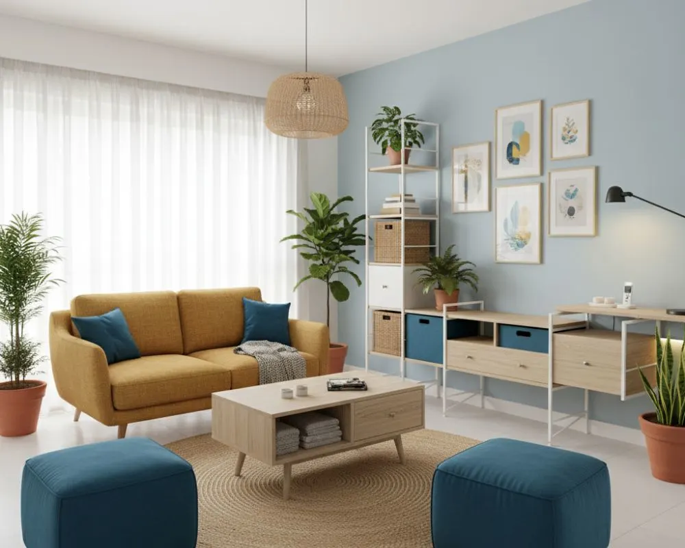 Budget-Friendly Interior Makeovers: Transform Your Home Without Overspending 2 Budget-friendly interior makeover in an Indian home with smart storage, plants, and stylish furniture.