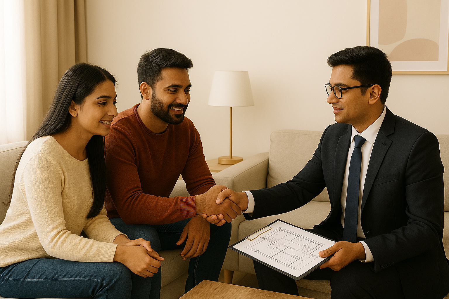 Indian couple reviewing final layouts and agreements with a professional interior designer in a bright living room.