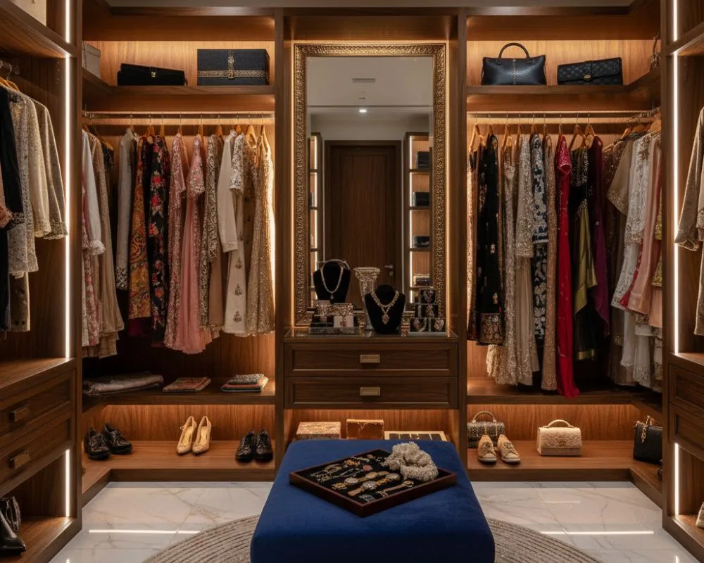 Space Saving designs for custom wardrobes | Smart Storage Ideas with ArcArea 7 Spacious walk-in wardrobe with open shelving and elegant finishes in a modern Indian home.