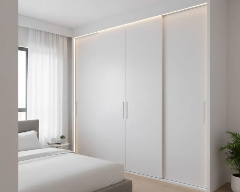 Space Saving designs for custom wardrobes | Smart Storage Ideas with ArcArea 9 Minimalist custom wardrobe in matte white finish with sliding panels for a clutter-free look.