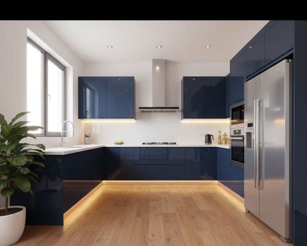 Ultimate Modular Kitchen Guide 2025: Costs, Layouts, Materials & Vastu Tips 2 Modular Kitchen Guide – modern L-shaped modular kitchen with glossy acrylic cabinets, quartz countertop, built-in appliances, and natural lighting in a premium Indian home.