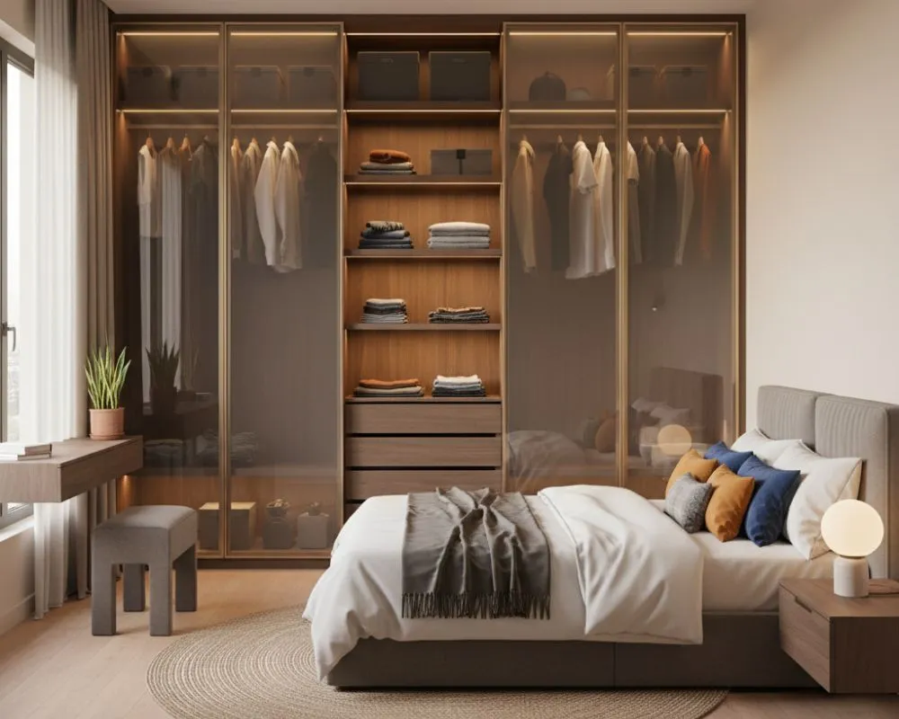 Space Saving designs for custom wardrobes | Smart Storage Ideas with ArcArea 22 Modern Indian bedroom with a sleek sliding wardrobe and space-saving custom design.