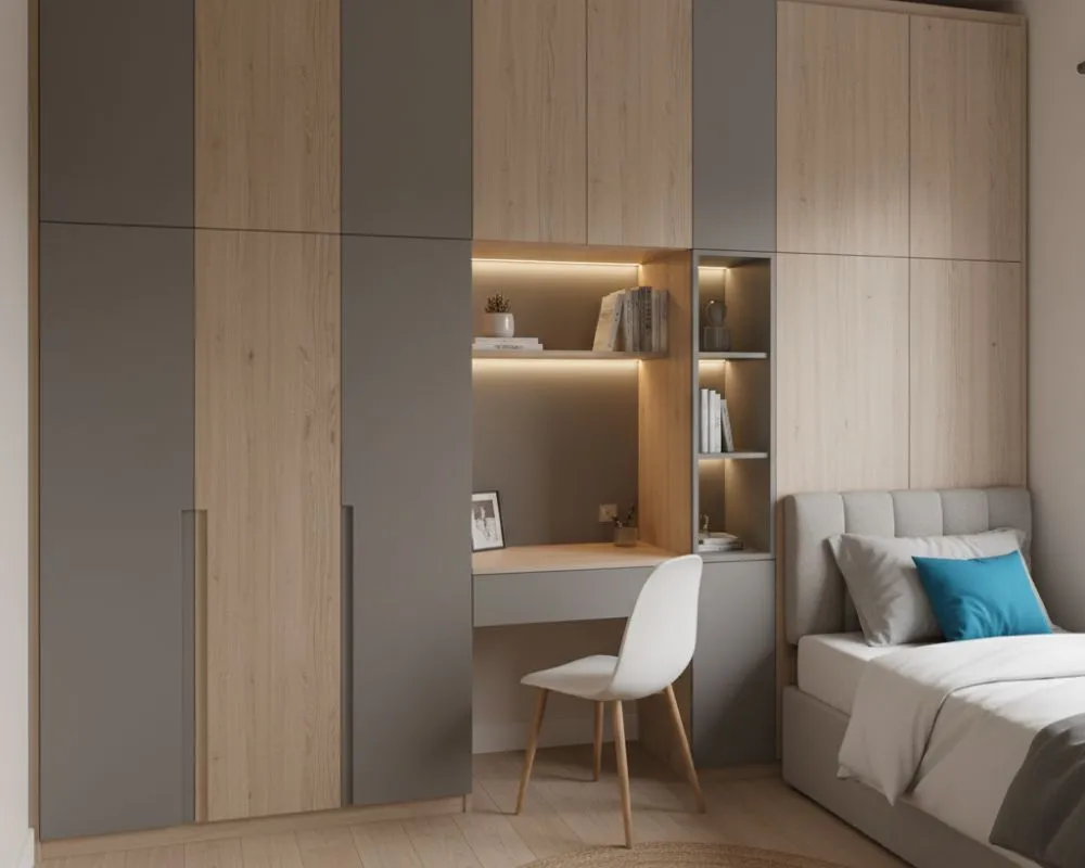 Space Saving designs for custom wardrobes | Smart Storage Ideas with ArcArea 5 Custom wardrobe integrated with a compact study table in a modern bedroom.