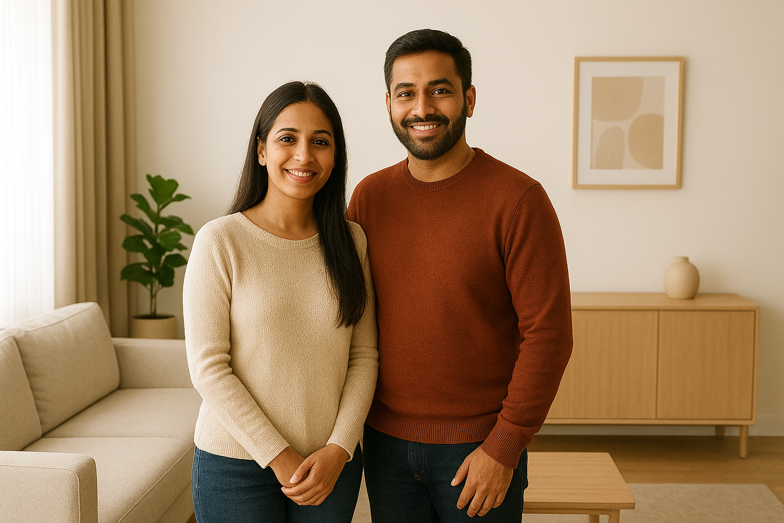 Indian couple standing in their newly completed modern home, smiling in a professionally designed living room.